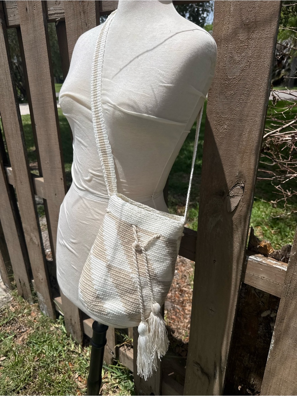 Cream Woven Wayu Crossbody Bag with Tassel